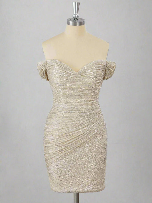 Off the Shoulder Sliver Sequin Ruched Mini Homecoming Dress