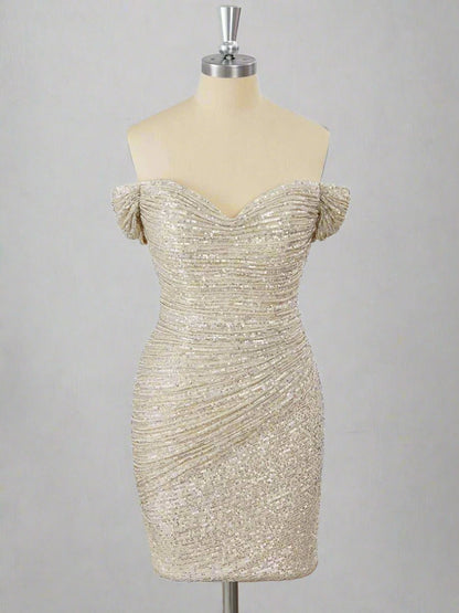 Off the Shoulder Sliver Sequin Ruched Mini Homecoming Dress