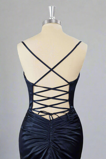 Lace-Up Sweetheart Navy Blue Ruched Homecoming Dress