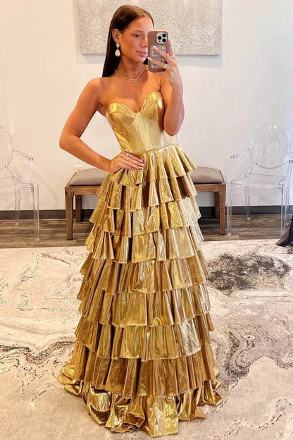 Metallic A-Line Sweetheart Ruffle Tiered Long Prom Dress