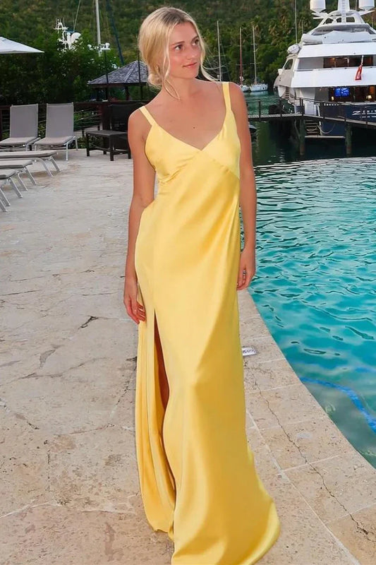 Yellow Straps V-Neck Slit Maxi Dress with Lace-up
