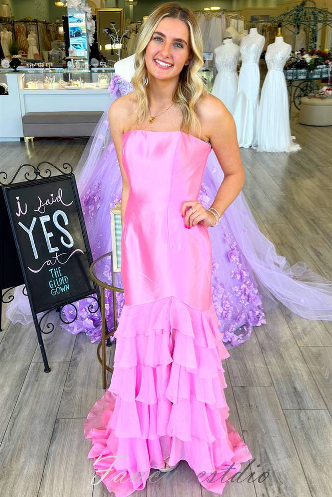 Light Blue Strapless Ruffle Mermaid Prom Dress