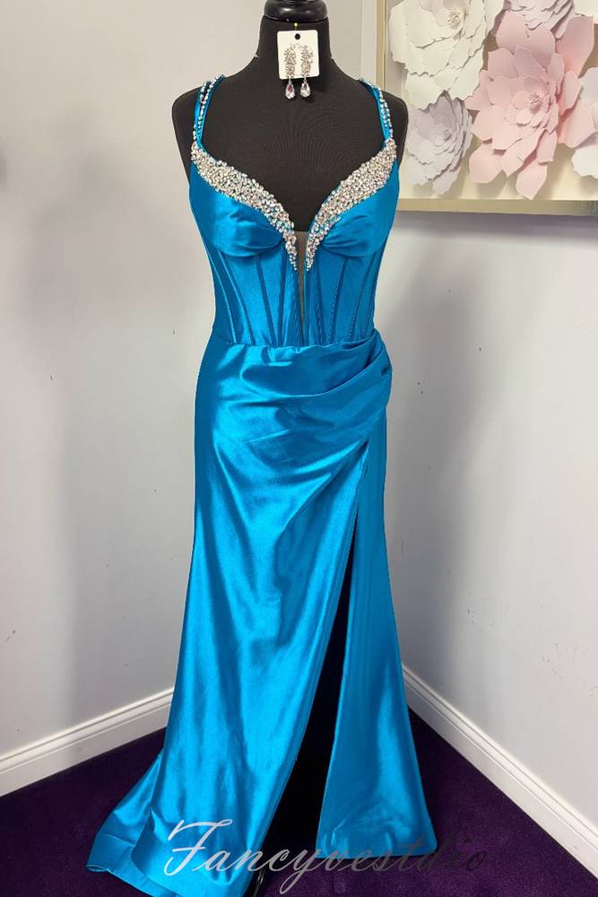Hot Pink Corset Beaded Mermaid Prom Dress with Slit