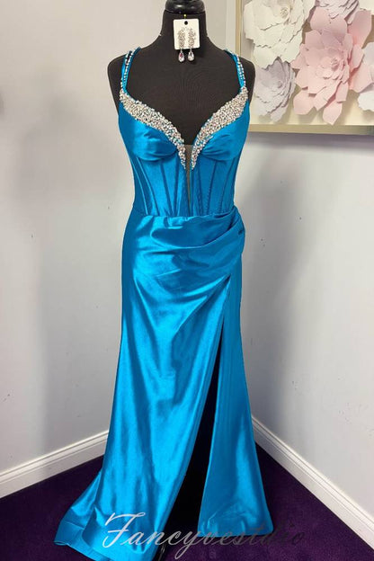 Hot Pink Corset Beaded Mermaid Prom Dress with Slit