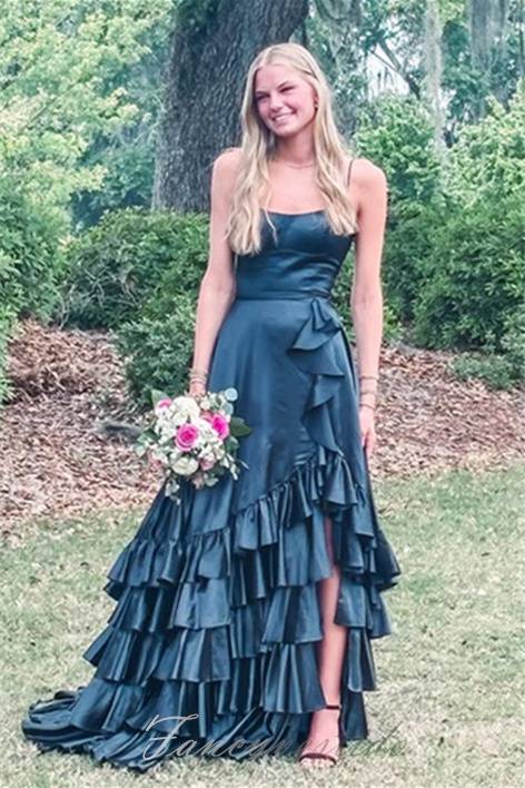 Crew Neck Ruffle Slit Mermaid Prom Dress with Lace-Up