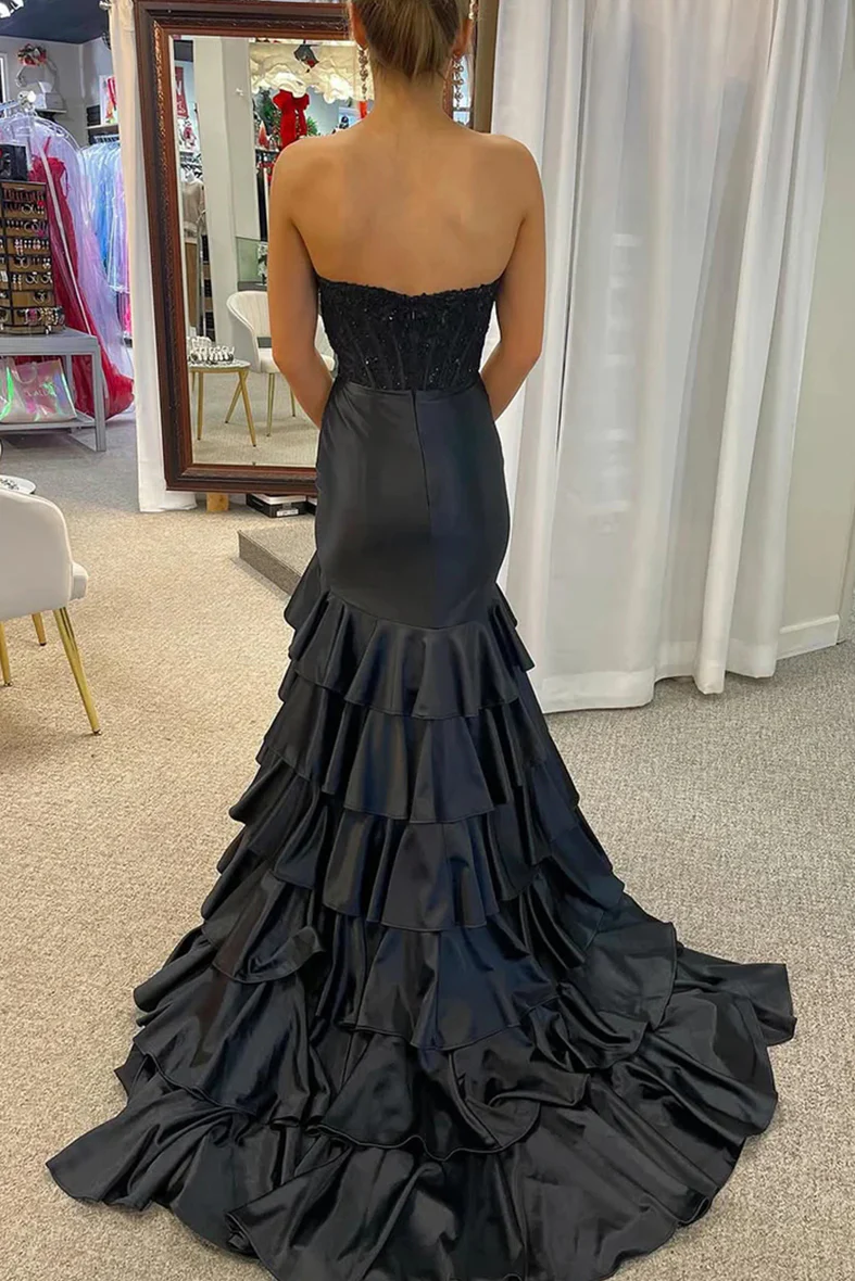 Pink Strapless Applique Ruffle Mermaid Prom Dress with Slit