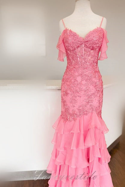 Yellow Lace Applique Ruffle Mermaid Prom Dress with Cold Shoulder