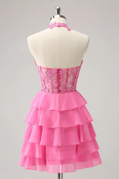 Hot Pink Halter Applique Homecoming Dress A-line Ruffle
