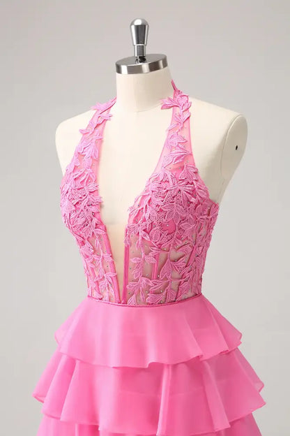 Hot Pink Halter Applique Homecoming Dress A-line Ruffle