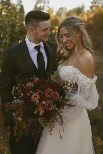 Off the Shoulder Applique Wedding Dress with Long Sleeves