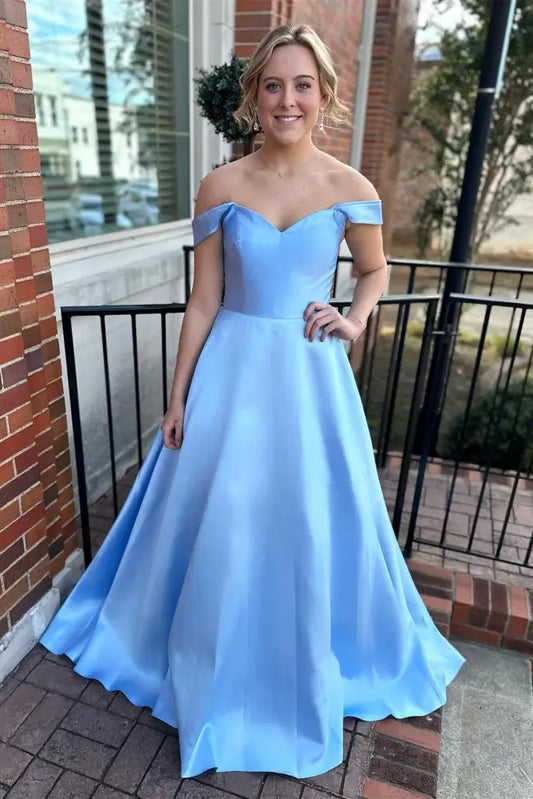 Blue Satin A-Line Prom Dress with Off Shoulder