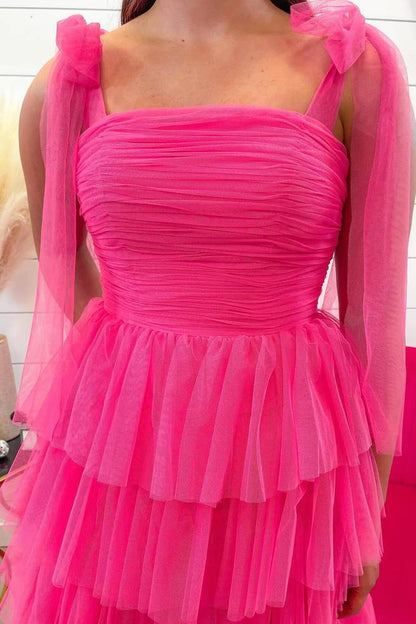 Light Blue Pleated Ruffle Prom Dress with Bow Tie Straps