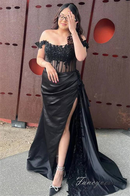 Green Applique Pleated Slit Mermaid Prom Dress with Off Shoulder
