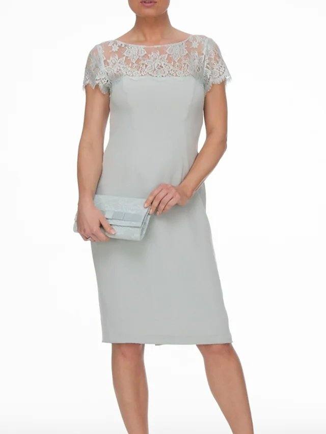 Sheath / Column Mother of the Bride Dress Elegant Jewel Neck Knee Length Chiffon Lace 3/4 Length Sleeve with Bow(s) Embroidery - RongMoon