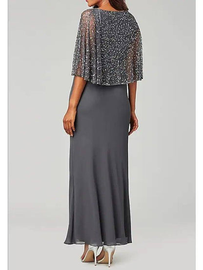 Sheath / Column Mother of the Bride Dress Elegant V Neck Floor Length Chiffon Long Sleeve with Beading Sequin - RongMoon