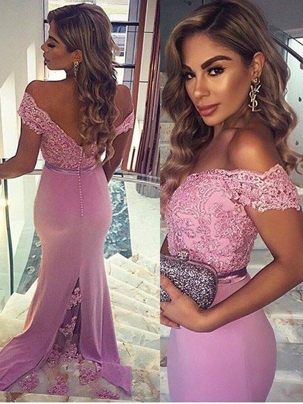 Sheath/Column Off-the-Shoulder Sleeveless Lace Floor-Length Elastic Woven Satin Dresses - RongMoon