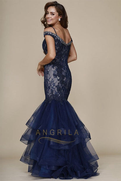 Beading Lace Ruffled Long Mermaid Formal Prom Dresses