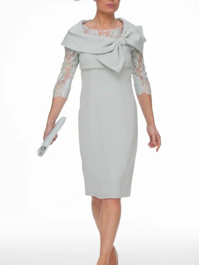 Sheath / Column Mother of the Bride Dress Elegant Jewel Neck Knee Length Chiffon Lace 3/4 Length Sleeve with Bow(s) Embroidery - RongMoon