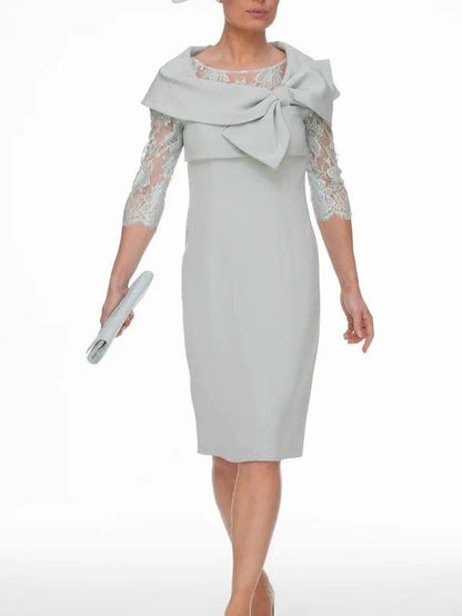 Sheath / Column Mother of the Bride Dress Elegant Jewel Neck Knee Length Chiffon Lace 3/4 Length Sleeve with Bow(s) Embroidery - RongMoon