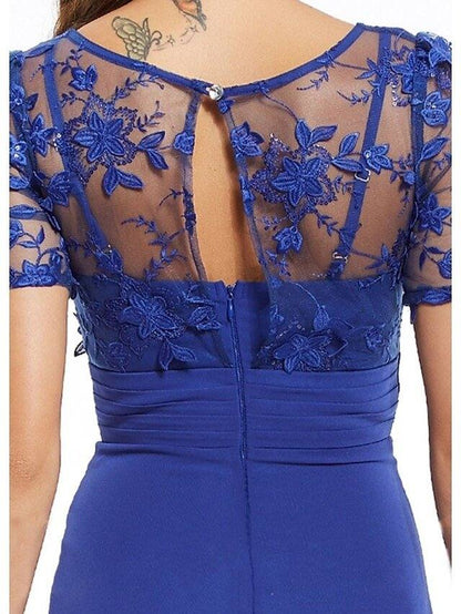 A-Line Mother of the Bride Dress Elegant Illusion Neck Jewel Neck Floor Length Chiffon Lace Short Sleeve with Appliques Ruching - RongMoon