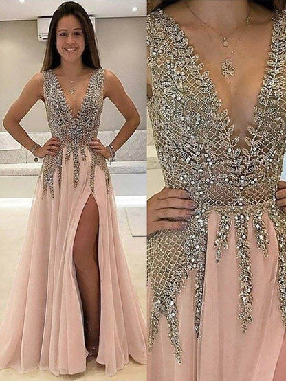 A-Line/Princess V-Neck Sleeveless Sweep/Brush Train Beading Tulle Dresses - RongMoon