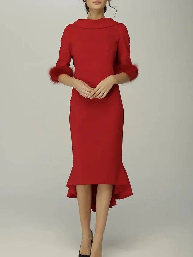 Sheath / Column Mother of the Bride Dress Elegant High Neck Asymmetrical Stretch Fabric Half Sleeve with Ruffles - RongMoon