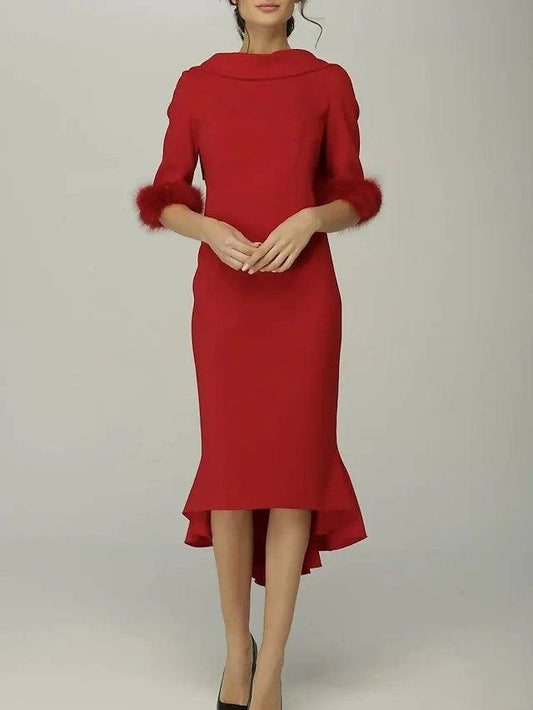 Sheath / Column Mother of the Bride Dress Elegant High Neck Asymmetrical Stretch Fabric Half Sleeve with Ruffles - RongMoon