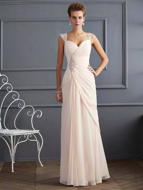 Sheath/Column Straps Sleeveless Beading Long Chiffon Dresses - RongMoon