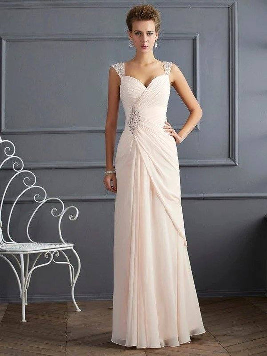 Sheath/Column Straps Sleeveless Beading Long Chiffon Dresses - RongMoon