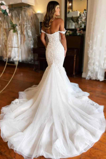 Ivory Off-Shoulder Mermaid Lace V-Back Wedding Dress with Applique
