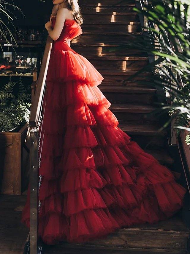 A-Line Convertible Princess Engagement Prom Dress Strapless Sleeveless Detachable Tulle with Pleats Tier - RongMoon