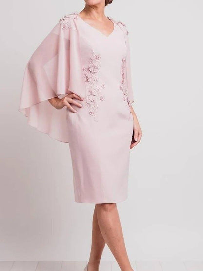 Sheath / Column Mother of the Bride Dress Elegant V Neck Knee Length Chiffon 3/4 Length Sleeve with Appliques - RongMoon