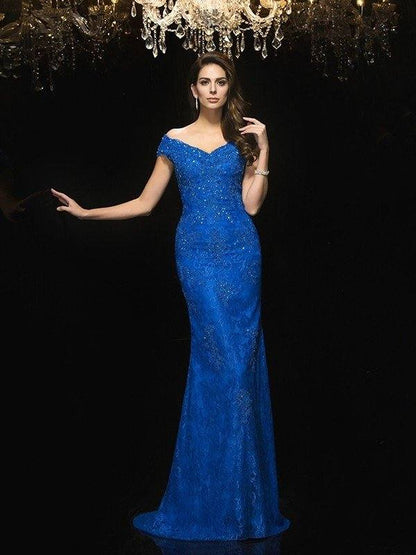 Trumpet/Mermaid V-neck Lace Sleeveless Long Lace Mother of the Bride Dresses - RongMoon
