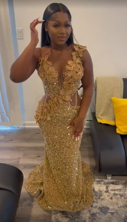 Gorgeous Gold Sequins Appliques Prom Dress Formal Mermaid Evening Dress cc2323