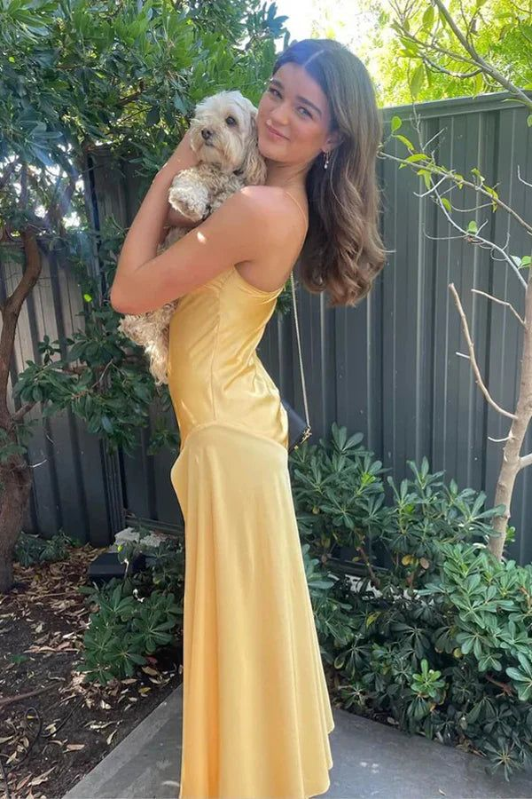 Simple Spaghetti Straps Leg Split Prom Dress Long Evening Gown