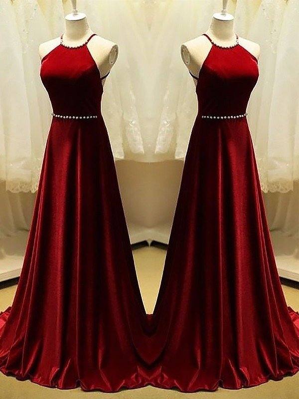 A-Line Halter Sleeveless Sweep/Brush Train With Beading Satin Dresses - RongMoon
