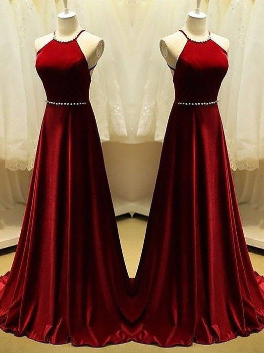 A-Line Halter Sleeveless Sweep/Brush Train With Beading Satin Dresses - RongMoon