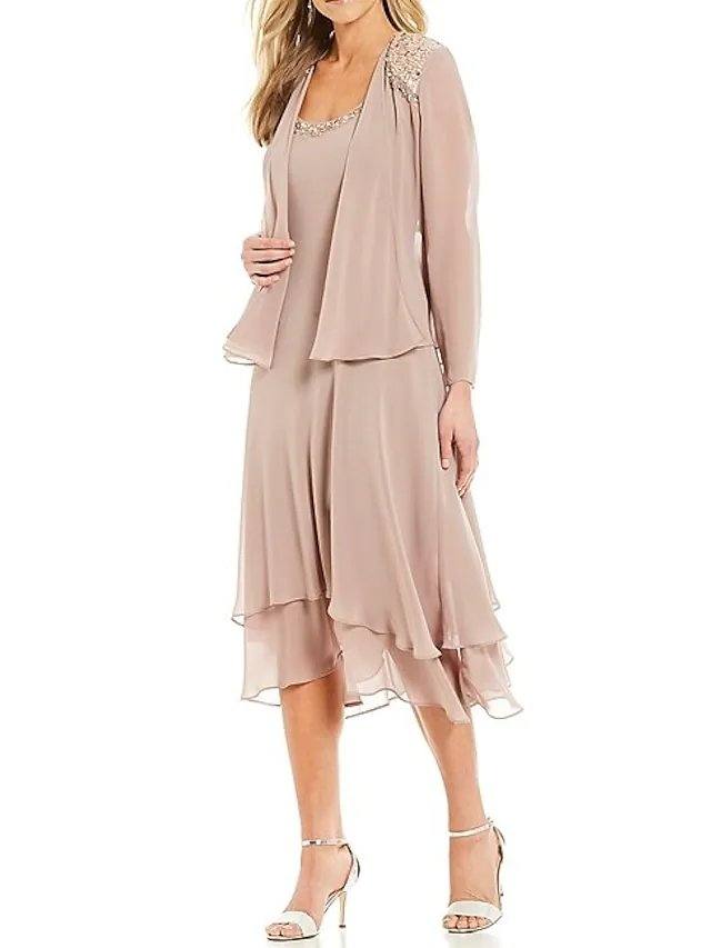 Two Piece A-Line Mother of the Bride Dress Elegant Jewel Neck Tea Length Chiffon Long Sleeve with Beading Cascading Ruffles - RongMoon