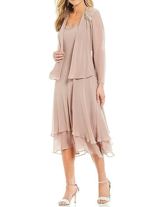 Two Piece A-Line Mother of the Bride Dress Elegant Jewel Neck Tea Length Chiffon Long Sleeve with Beading Cascading Ruffles - RongMoon