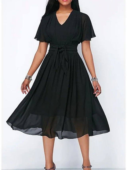 A-Line Mother of the Bride Dress Elegant V Neck Tea Length Chiffon Satin Short Sleeve with Sash / Ribbon Pleats - RongMoon
