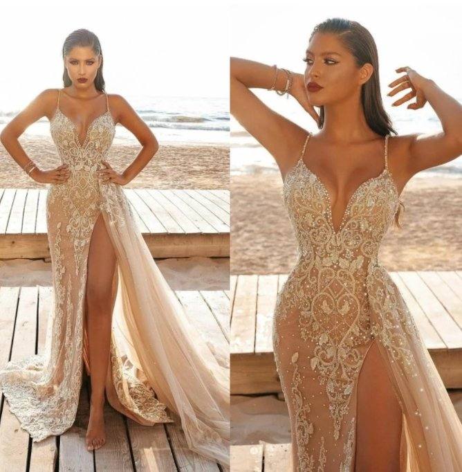 Champagne Mermaid High Split Prom Dresses robes de soirée Spaghetti Straps Lace Beaded Evening Gowns - RongMoon