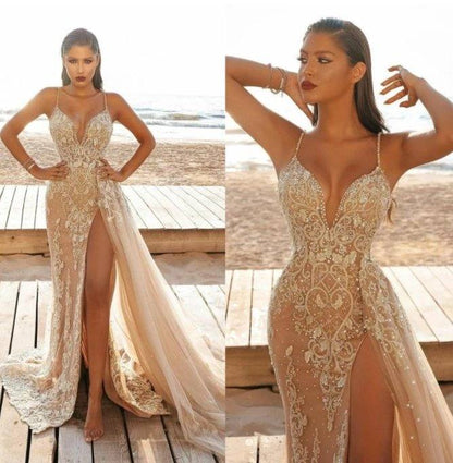 Champagne Mermaid High Split Prom Dresses robes de soirée Spaghetti Straps Lace Beaded Evening Gowns - RongMoon