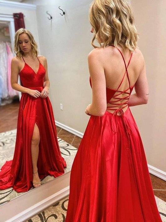 A-Line/Princess Sweep/Brush Train V-neck Sleeveless Elastic Woven Satin Ruffles Dresses - RongMoon