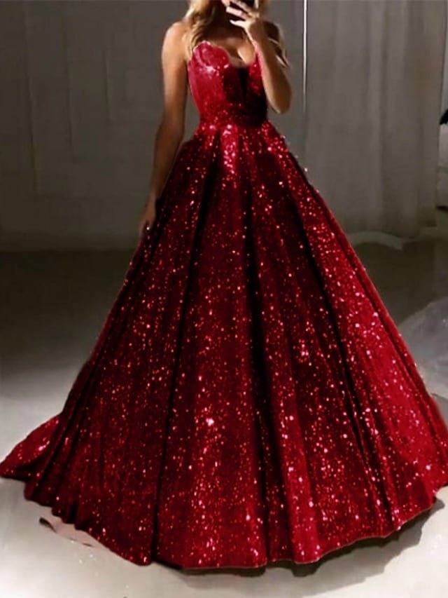 Ball Gown Luxurious Sparkle Quinceanera Prom Dress V Neck Sleeveless Sweep / Brush Train Sequined with Pleats Sequin - RongMoon