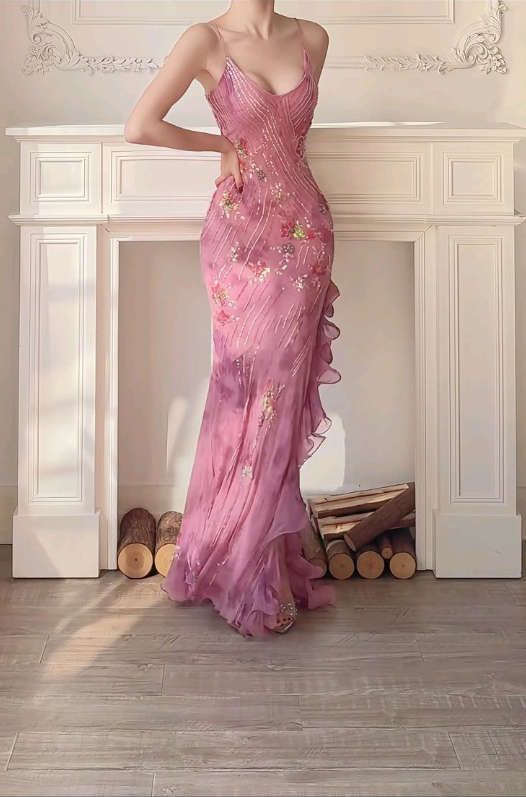 Gorgeous Pink Chiffon Sequins Evening Dress,Spaghetti Straps Prom Dress cc2752