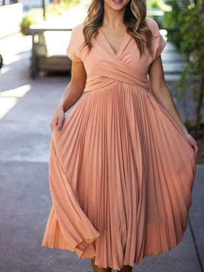 A-Line Mother of the Bride Dress Elegant V Neck Ankle Length Chiffon Short Sleeve with Sash / Ribbon Tier Ruching - RongMoon