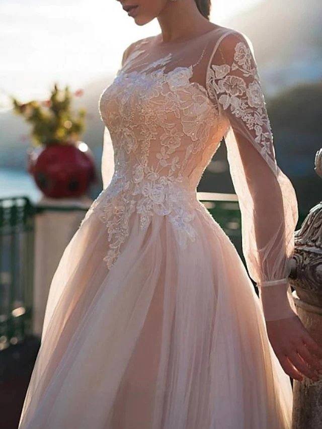 A-Line Wedding Dresses Jewel Neck Sweep / Brush Train Lace Tulle Long Sleeve Sexy Wedding Dress in Color See-Through with Embroidery Appliques - RongMoon