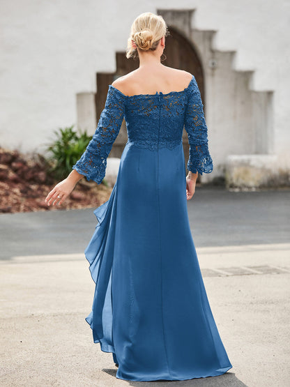 Off-the-Shoulder Lace Top Chiffon Dress Ink Blue