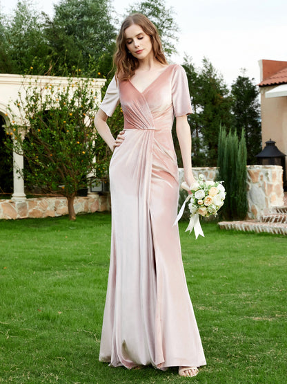 Half Sleeves Velvet Gown with Slit Pearl Pink