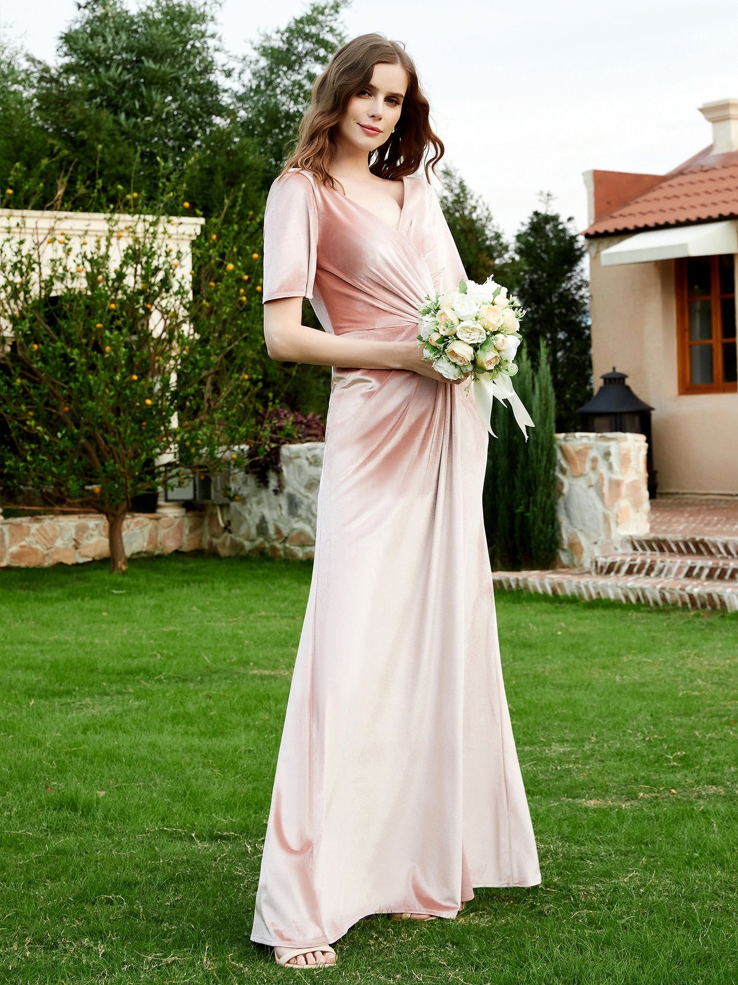 Half Sleeves Velvet Gown with Slit Pearl Pink